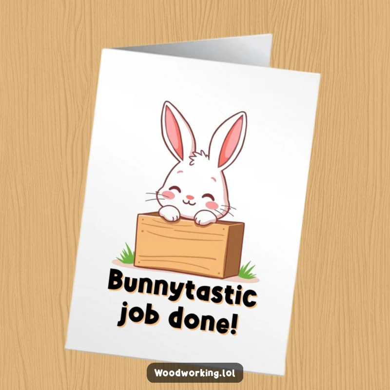Funny Free Printable Congratulations Card: Curious bunny peering into a wooden toolbox with excitement, discovering potential and opportunity.