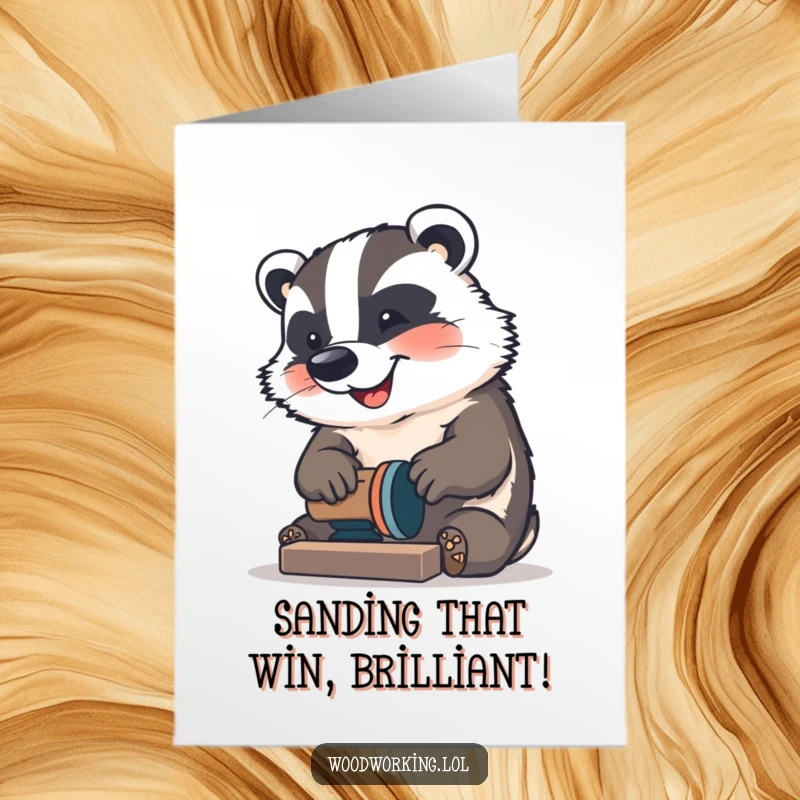Funny Free Printable Congratulations Card: A concentrated badger expertly operating a sander, celebrating a smooth success.