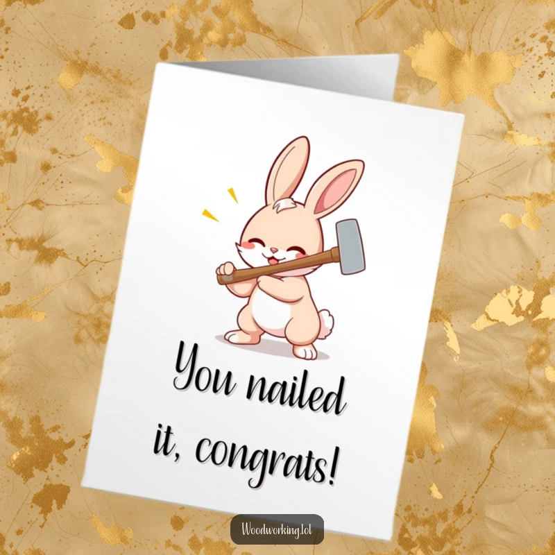 Funny free printable congrats card: a pumped bunny vigorously swings a hammer, celebrating a successful accomplishment with pure joy.
