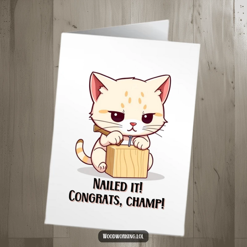 Funny Free Printable Congratulations Card: Determined cat intently hammering a small nail, celebrating a DIY achievement with focused humor.