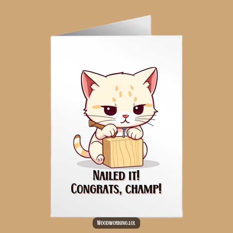 Free Printable Congrats Card: Determined Cat Hammering Nail Funny Downloadable Gift