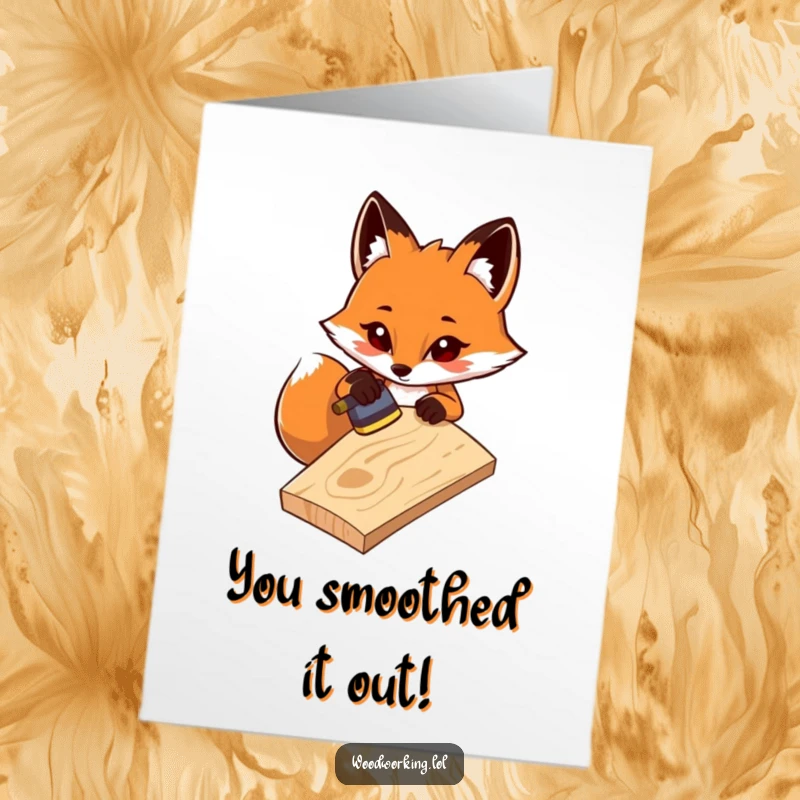 Funny Free Printable Congrats Card depicting a determined fox carefully sanding a wooden plank, symbolizing polished success.