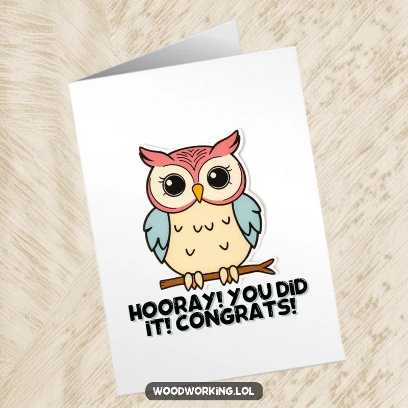 Funny Free Printable Congratulations Card: Owl builder meticulously bonding wood, ideal for celebrating success.