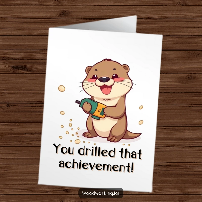 Funny Free Printable Congrats Card: Playful otter drilling with sawdust clouds, symbolizing energetic accomplishment.