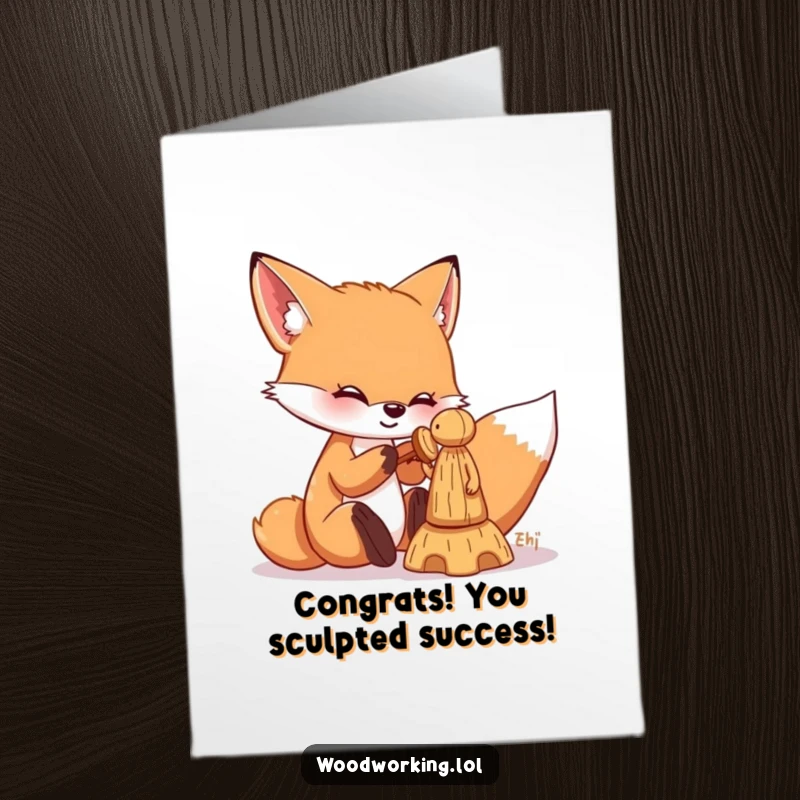 Funny Free Printable Congratulations Card: Playful fox skillfully chiseling a small wooden figure, celebrating DIY success with charm.
