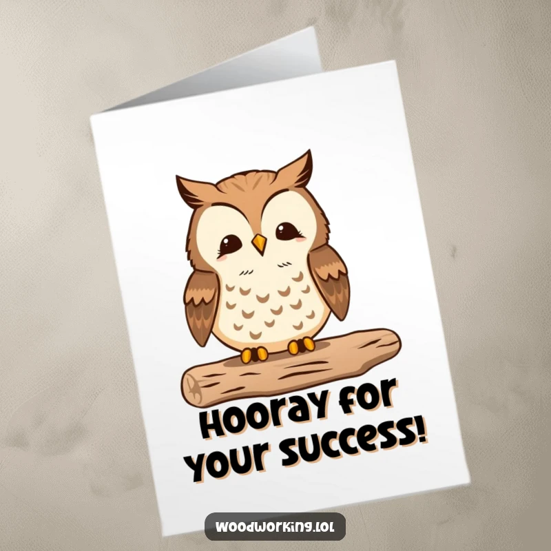 Funny Free Printable Congratulations Card: Proud owl meticulously sanding wood to a smooth finish, signifying a perfect achievement.