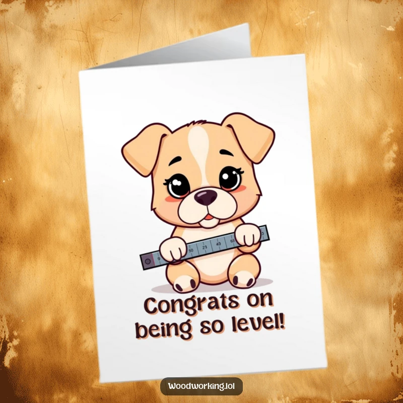 Funny free printable congrats card: a puppy with a very serious expression uses a level to check the balance of a celebratory moment.