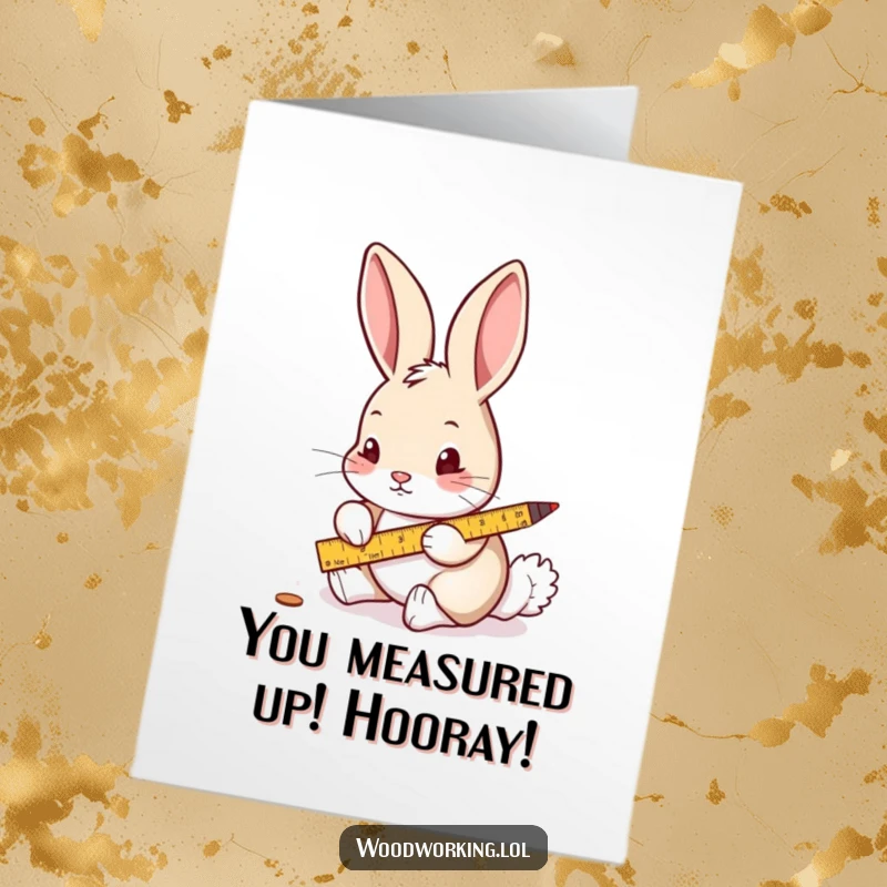 Funny Free Printable Congrats Card showing a curious rabbit carefully measuring wood, ideal for celebrating precision.
