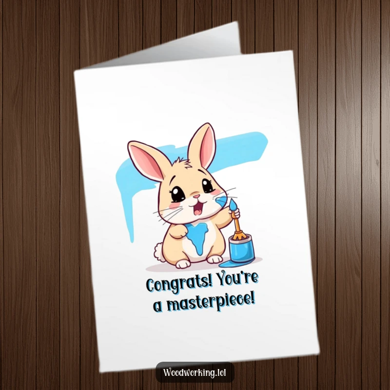 Funny Free Printable Congratulations Card: Surprised rabbit accidentally covered in vibrant blue paint, a comical DIY congratulatory artwork.