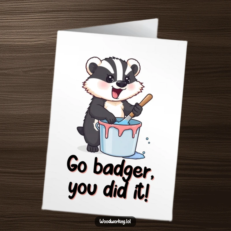 Funny Free Printable Congrats Card: An energetic badger enthusiastically stirring paint, symbolizing a messy but successful celebration of achievement.