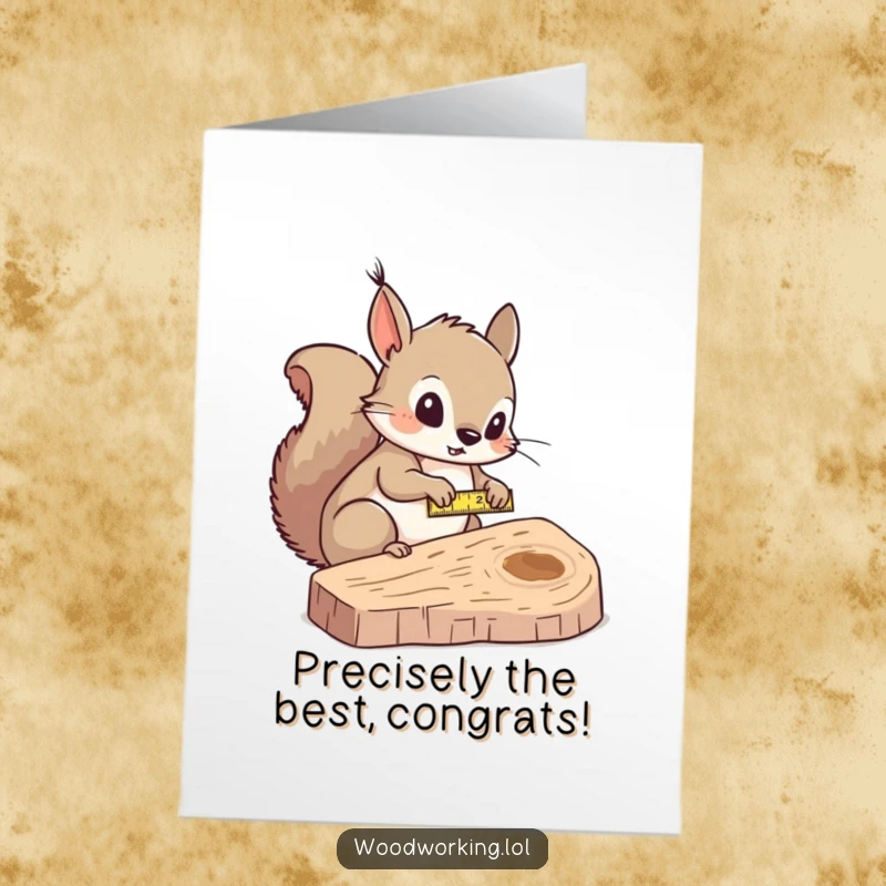 Funny Free Printable Congrats Card: Curious squirrel measuring wood, signifying careful planning and success.
