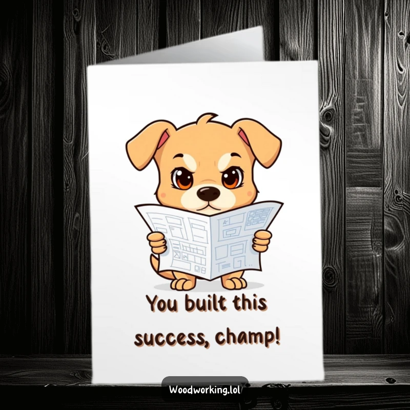 Funny Free Printable Congratulations Card: A focused dog holding a blueprint, symbolizing successful planning and execution for a great job.