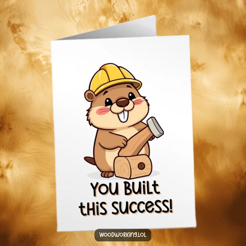 Free Printable Congratulations Card: A happy beaver wearing a hard hat hammering a lopsided wooden toy.