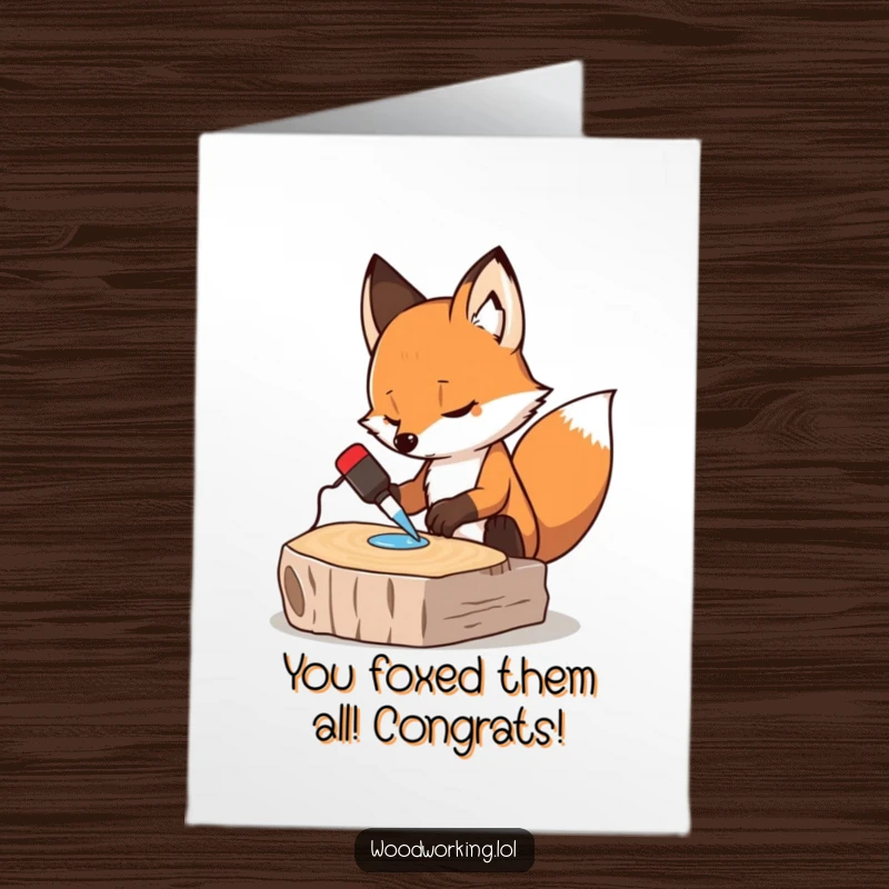 Funny Free Printable Congratulations Card: Determined fox gluing wood pieces, symbolizing a job well done, humorous DIY.