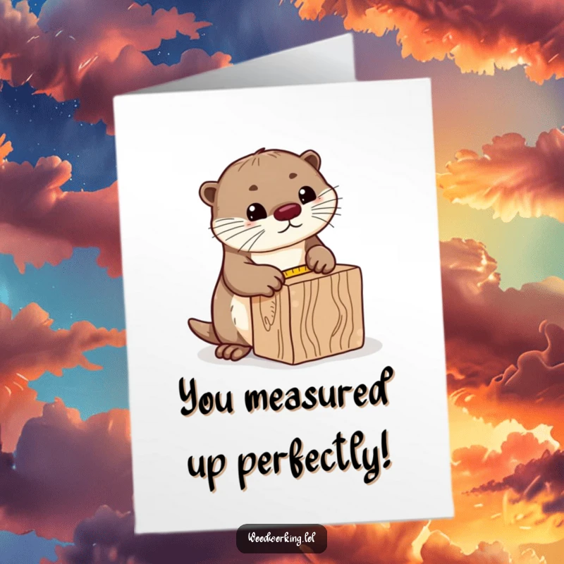 Funny Free Printable Congratulations Card: Curious otter measuring wood, celebrating calculated success, ideal for a DIY gift.