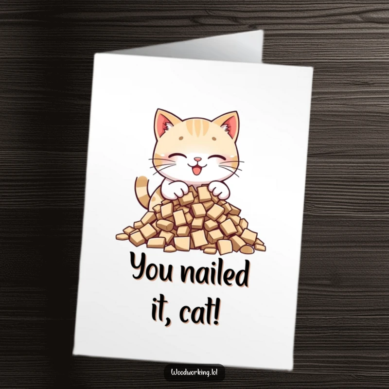 Funny Free Printable Congratulations Card: A happy cat carefully organizes wood chips, demonstrating neatness and pride.