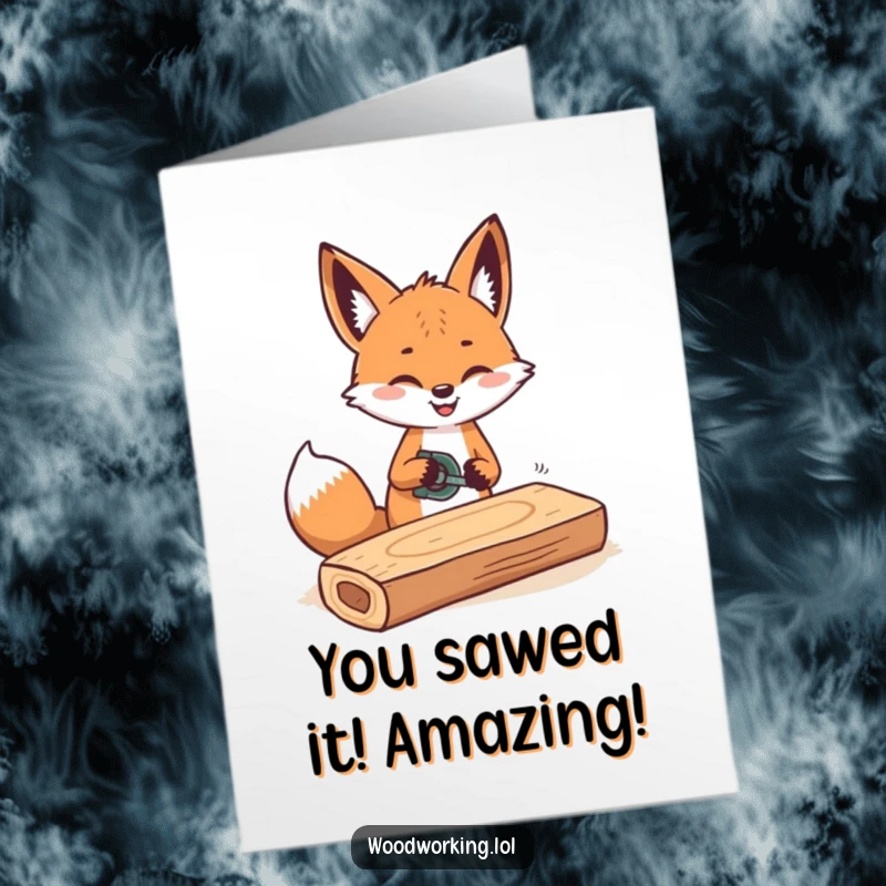 Funny Free Printable Congrats Card showing a cheerful fox smoothly sawing wood, ideal for celebrating achievements.