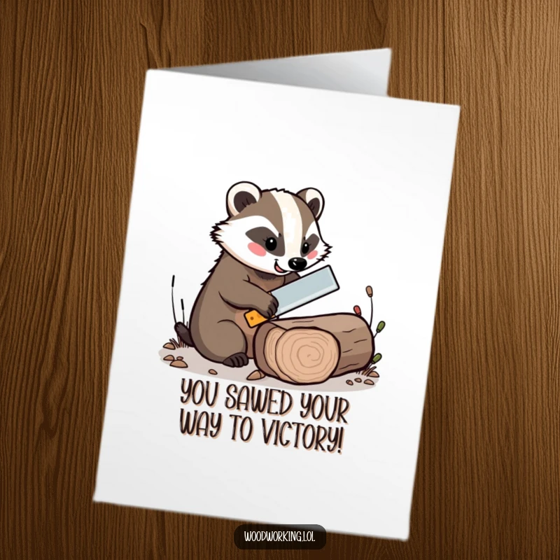 Funny Free Printable Congratulations Card: Cheerful badger expertly saws through a log with a tiny saw, a skillful feat.