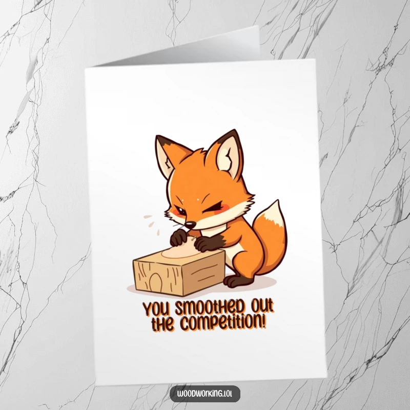 Funny Free Printable Congratulations Card: Determined fox sands wood with intense focus, celebrating achievement.