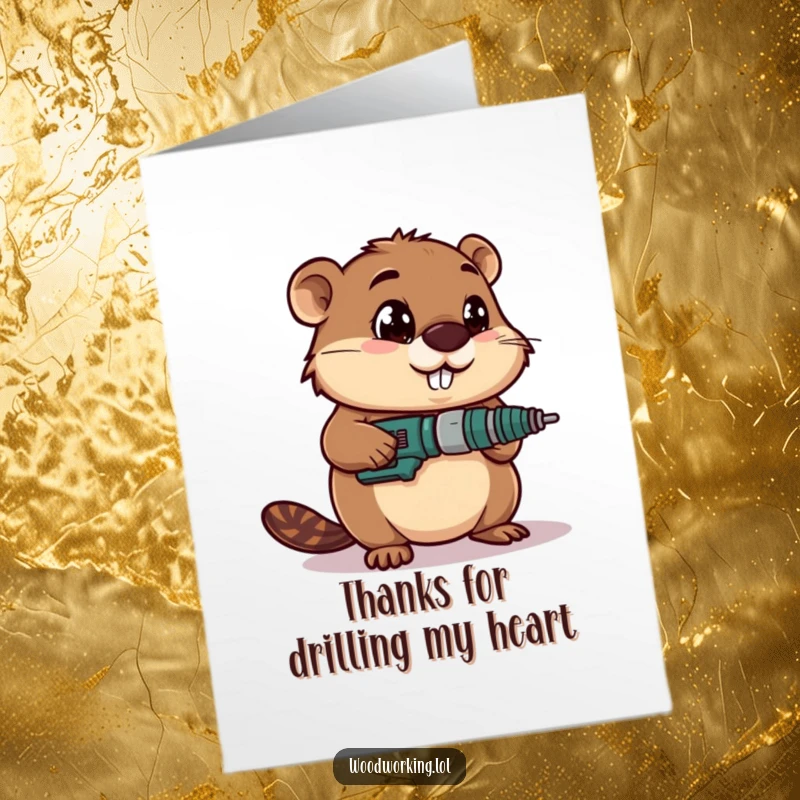 Funny Free Printable Thank You Card depicting a beaver intensely drilling, a unique DIY gift for expressing thanks.