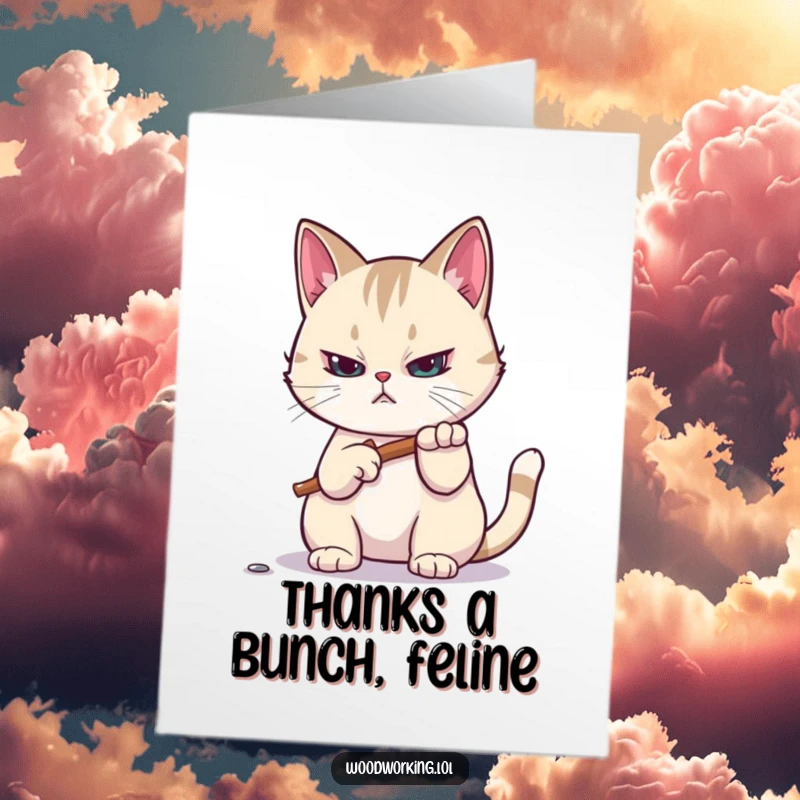 Funny Free Printable Thank You Card of a focused cat hammering a tiny nail, symbolizing dedicated help and effort.