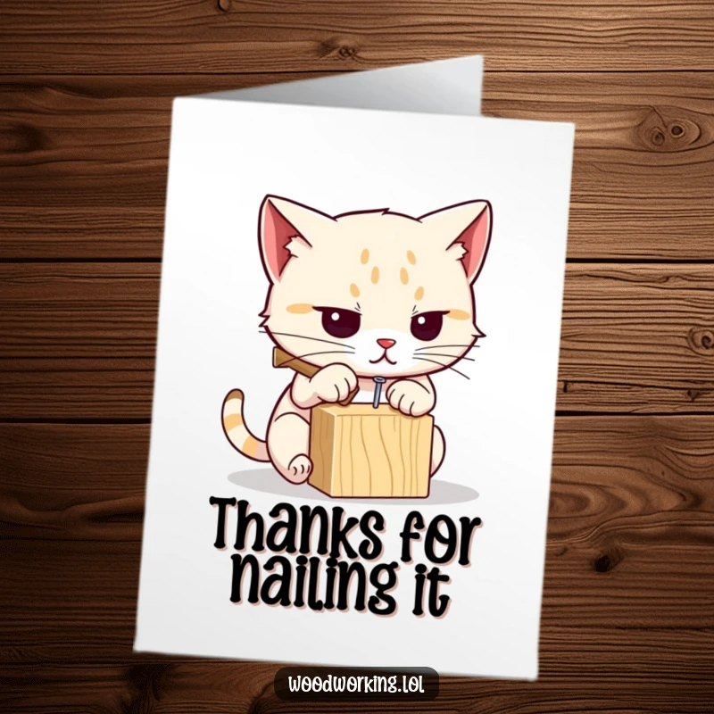 Funny Free Printable Thank You Card: Determined cat humorously hammering a small nail, a unique way to offer DIY thanks.