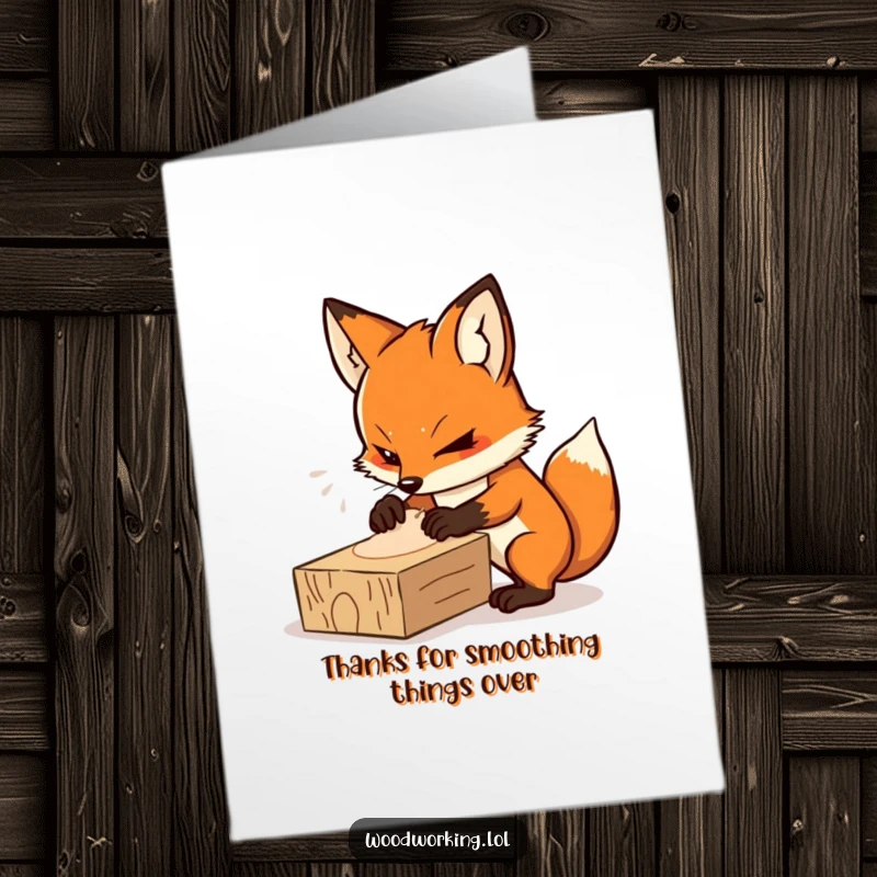 Funny Free Printable Thank You Card: Determined fox sanding wood, a symbol of focused gratitude.