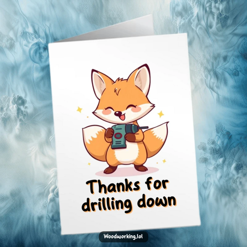 Funny Free Printable Thank You Card: Fox operating drill, expressing thanks, energetic appreciation, downloadable gift.