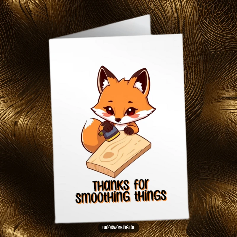 Funny Free Printable Thank You Card showing a determined fox carefully sanding a wooden plank, offering smooth and sincere thanks.