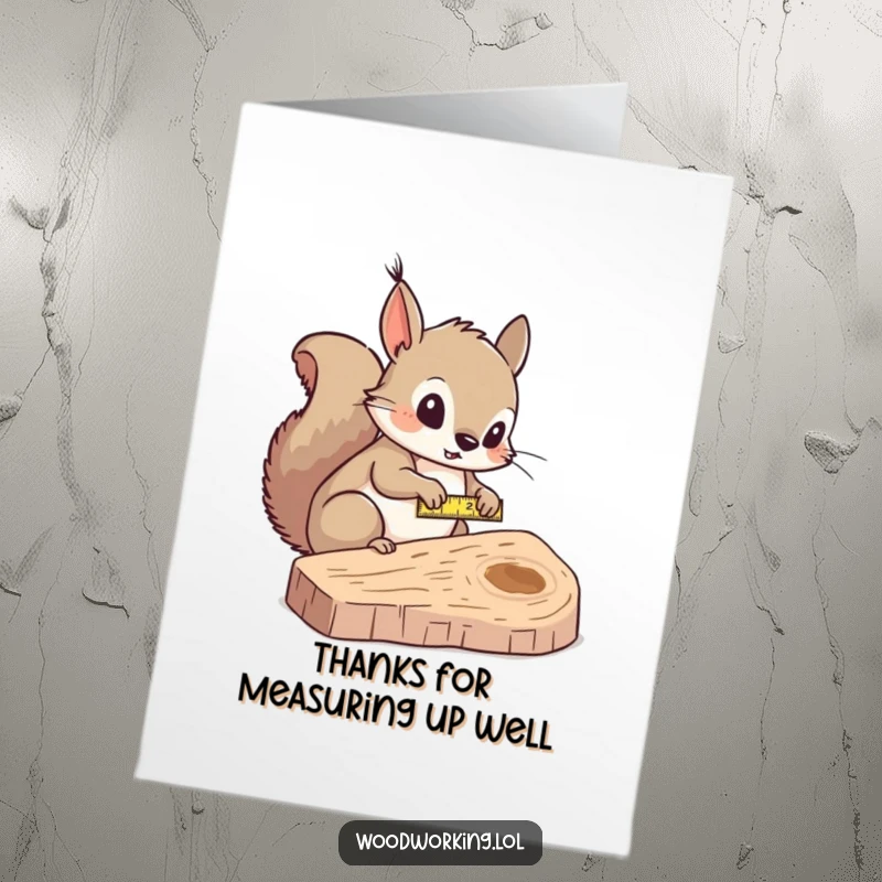 Funny Free Printable Thank You Card: Curious squirrel meticulously measuring wood, showing DIY appreciation.