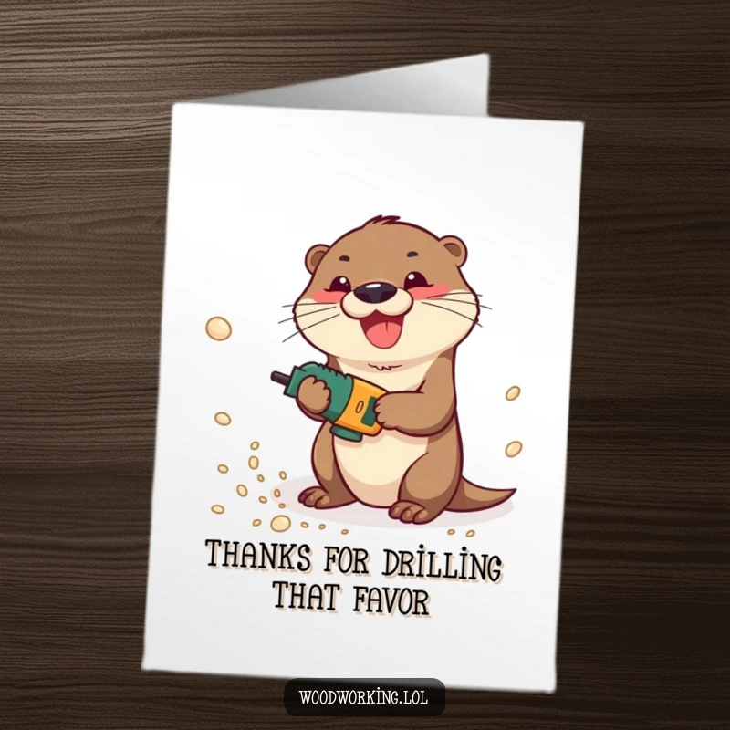 Funny Free Printable Thank You Card: Playful otter drilling with sawdust, creating a fun and energetic thank you.