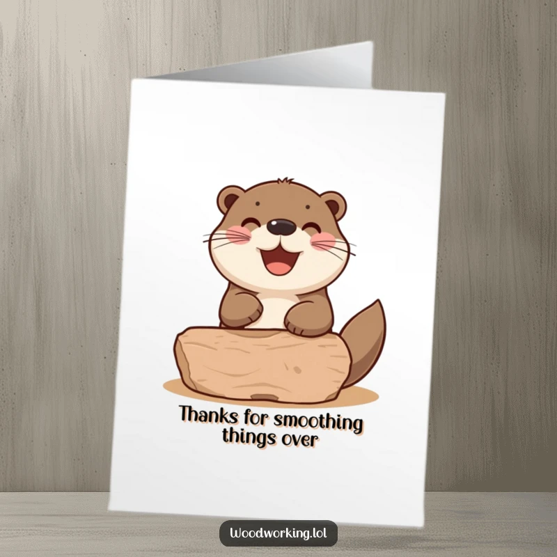 Funny Free Printable Thank You Card: A happy otter sands a wooden item with a content puff.