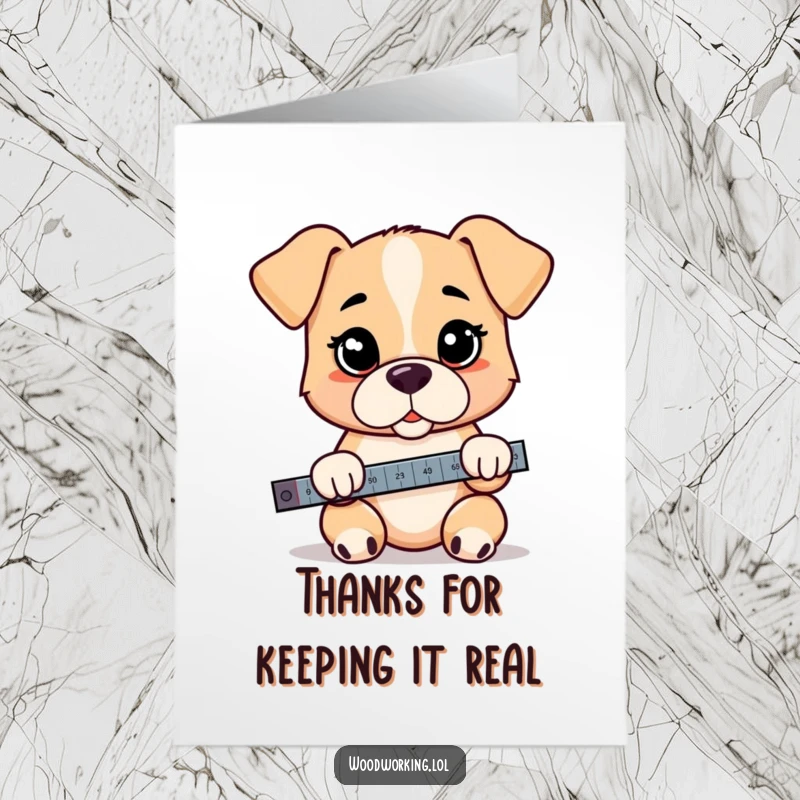 Funny free printable thank you card: a solemn puppy holds a level, ensuring gratitude is perfectly straight and sincere.