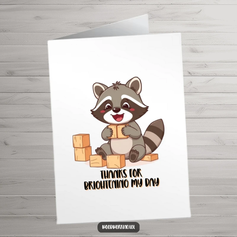 Funny Free Printable Thank You Card: A cheerful raccoon playing with blocks, building a tower of thanks.