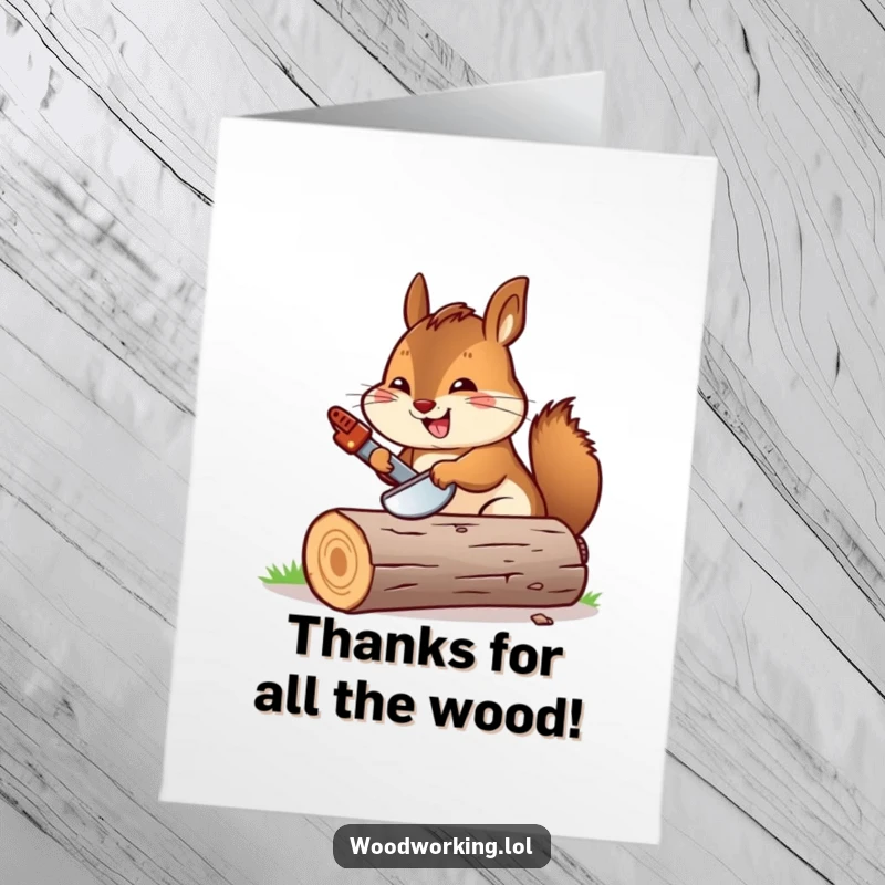 Funny Free Printable Thank You Card: Cheerful chipmunk sawing a log, conveying sincere and humorous gratitude.