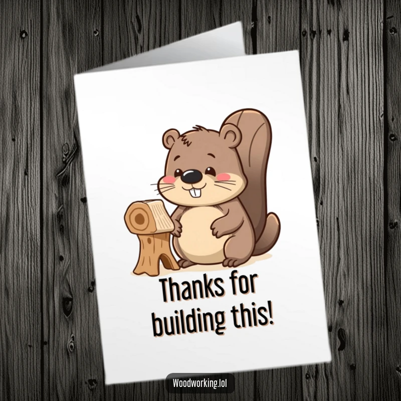 Funny Free Printable Thank You Card: Delighted beaver admiring unfinished wooden creation, crafted and humorous gratitude, perfect DIY.