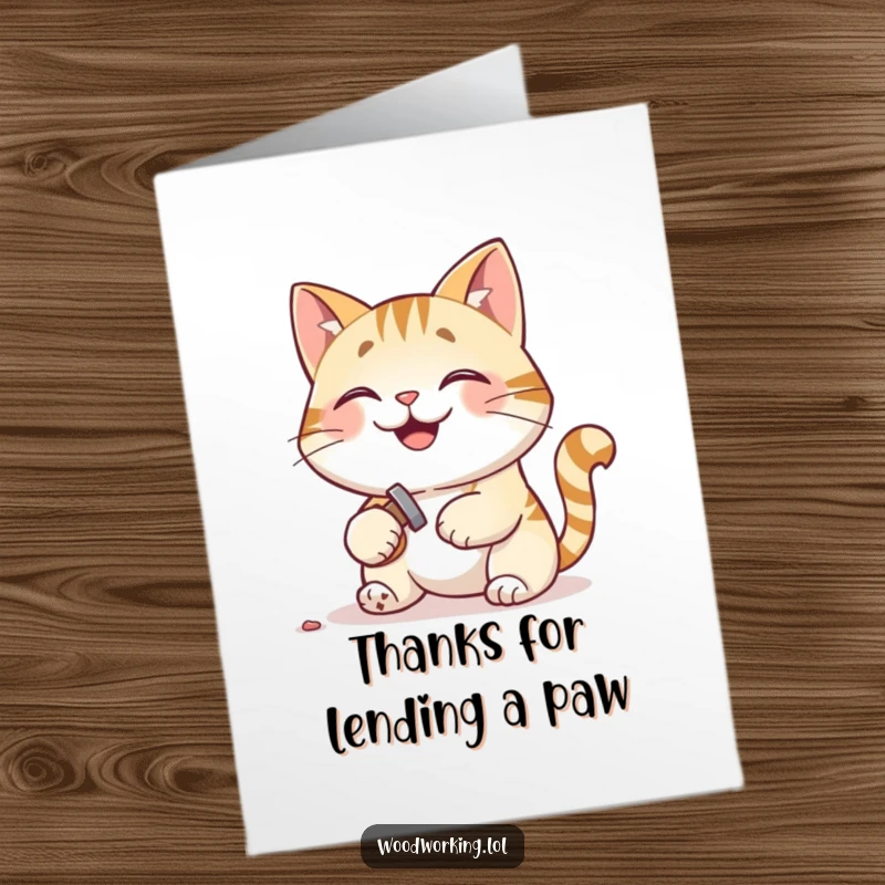 Funny Free Printable Thank You Card: Cat hammering tiny nail, pleased expression, thanking someone, downloadable gift.