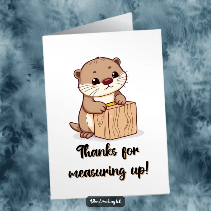 Funny Free Printable Thank You Card: Curious otter measuring wood with a tape measure, precise and humorous gratitude, perfect DIY.