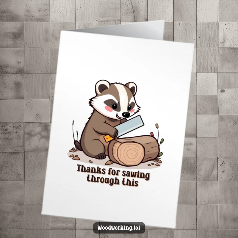 Funny Free Printable Thank You Card: Cheerful badger saws a log with a tiny saw, a humorous way to say thanks.