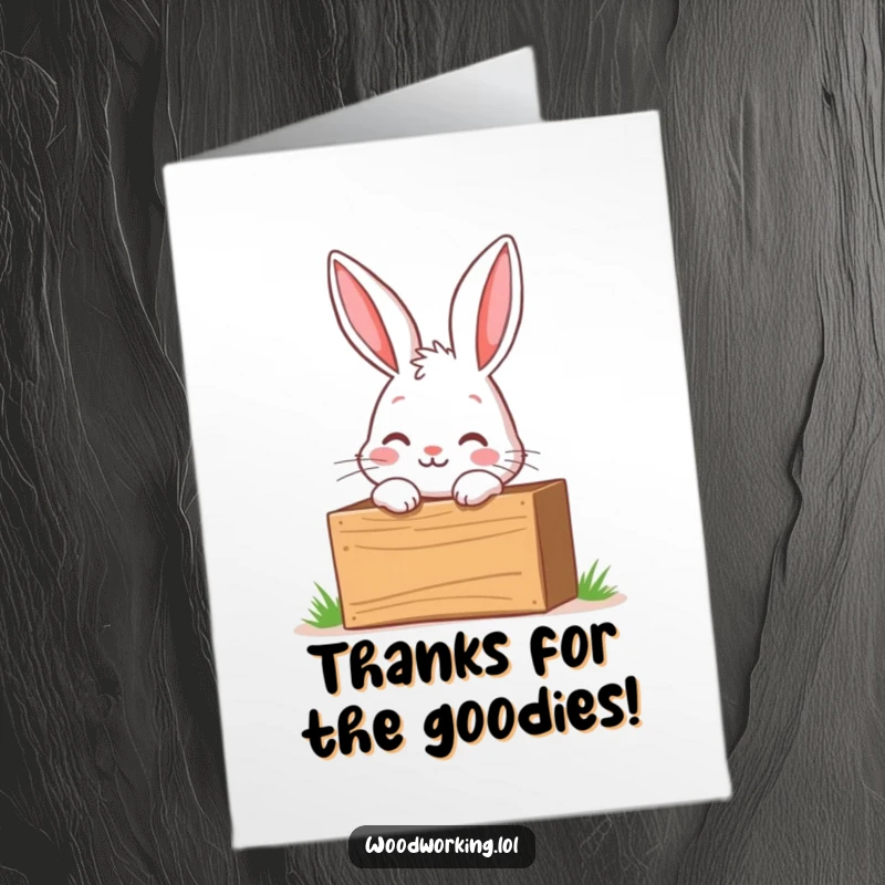 Funny Free Printable Thank You Card: Curious bunny peering into a wooden toolbox with excitement, exploring possibilities and expressing thanks.