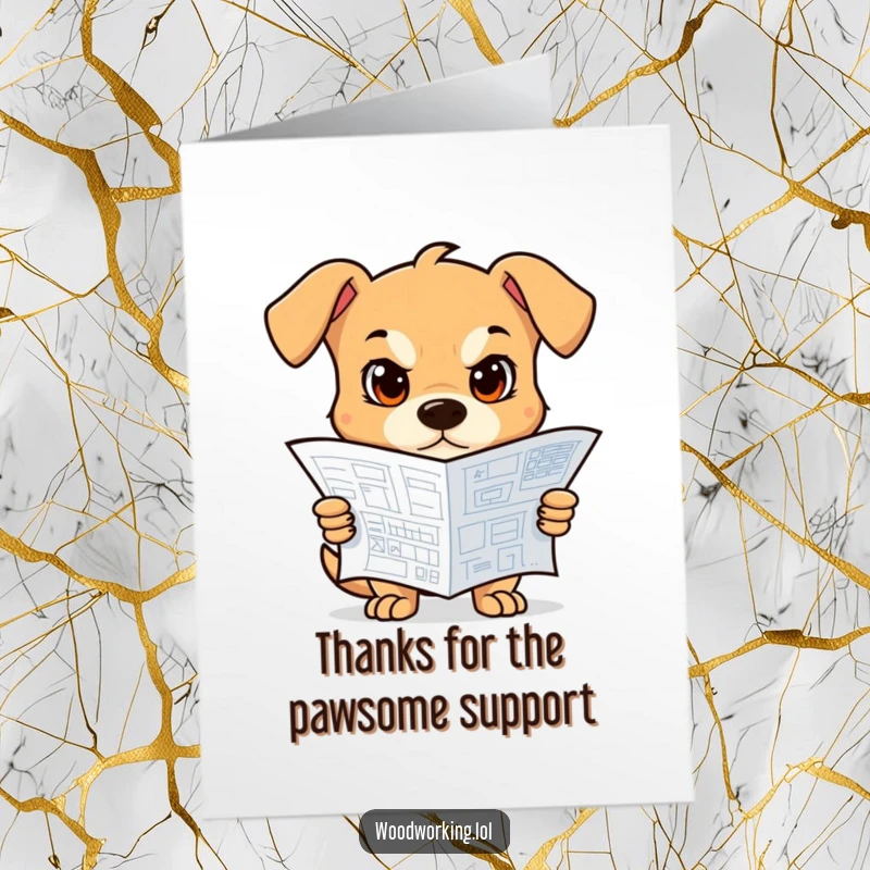 Funny Free Printable Thank You Card: A serious dog with a blueprint, planning out the perfect way to say thanks.