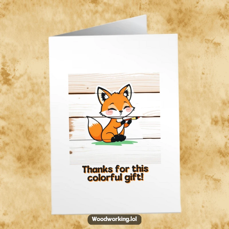 Funny Free Printable Thank You Card: Playful fox carefully painting a colorful design on a wooden plank to show thanks.