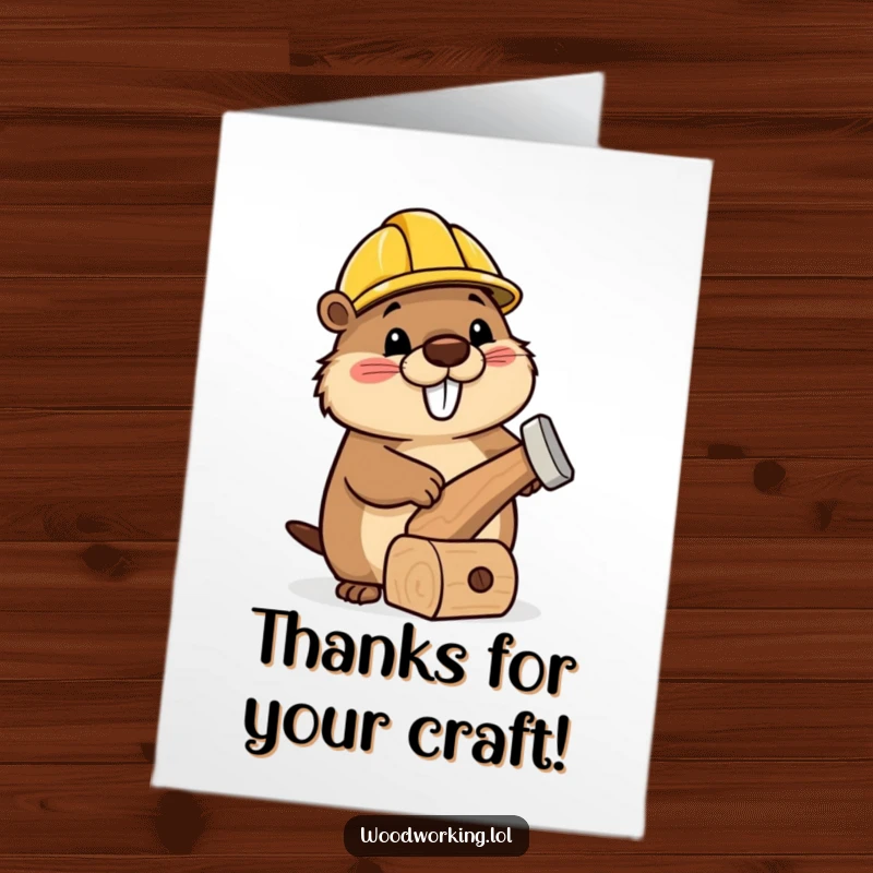 Free Printable Thank You Card: A happy beaver in a hard hat hammering a wonky wooden toy, expressing thanks.