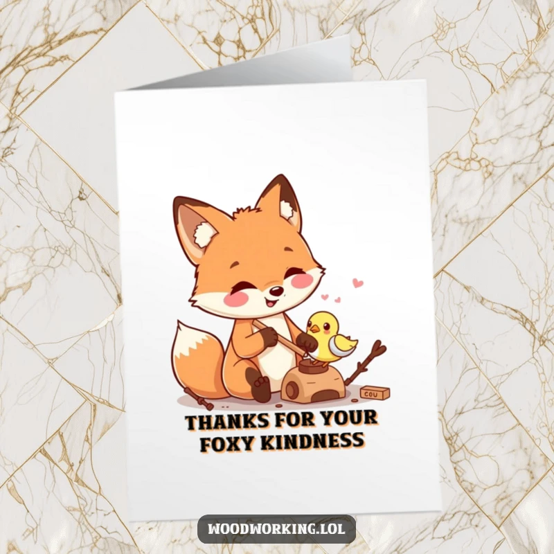 Funny Free Printable Thank You Card: A smiling fox patiently carving a small wooden bird, a symbol of thoughtful appreciation.