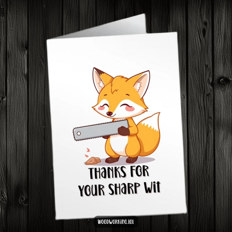 Funny Free Printable Thank You Card: A curious fox holding a saw, thoughtfully planning how to best express gratitude for your help.