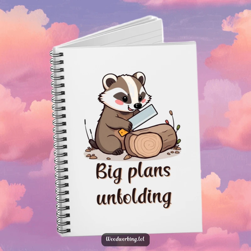 Funny notebook with a cheerful badger expertly sawing a log with a tiny saw, ideal for jotting ideas.