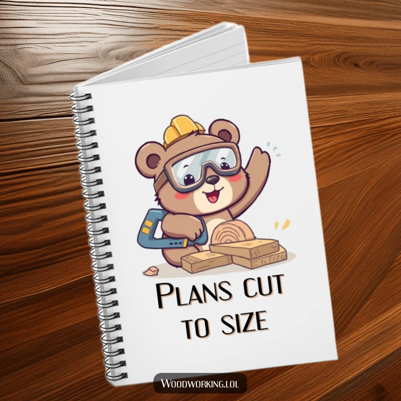 Funny happy bear with safety goggles on a notebook cover, sawing wood, happy woodworking theme, a funny gift.
