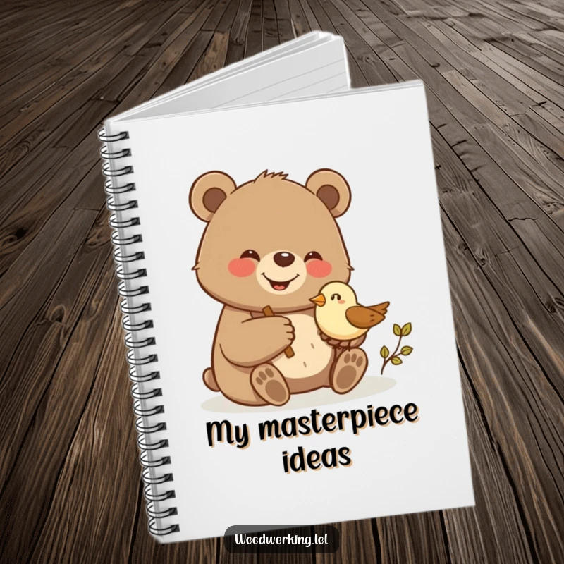 Funny bear giggling while proudly carving a small wooden bird, featured on this notebook for jotting down creative ideas humorously.