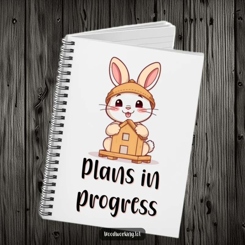 Funny notebook with a brave rabbit smiling while assembling a small wooden structure, perfect for notes and sketches.