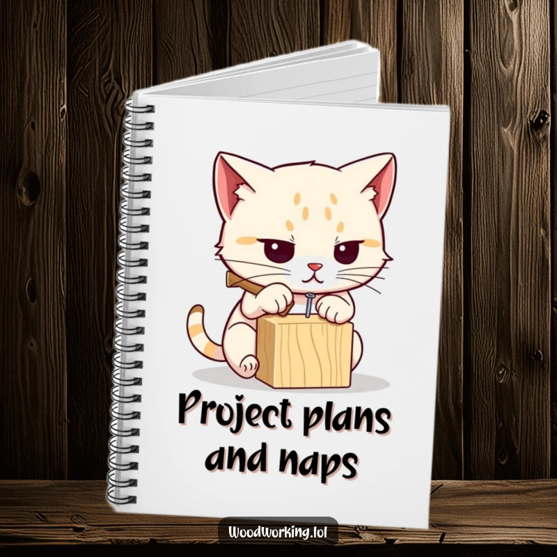 Funny cat notebook with a determined cat hammering a nail, perfect for jotting down ideas with a DIY and humorous theme.